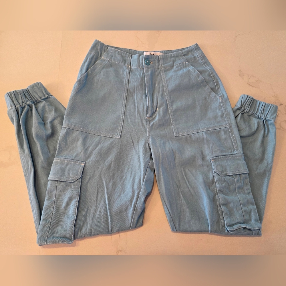 Organic Cotton Highwait Seafoam Blue Cinch Ankle Cargo Pants